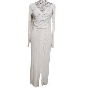 Mable 2 Piece Ribbed Set Lightweight Long Sleeve Crop Top Cream Off White Large